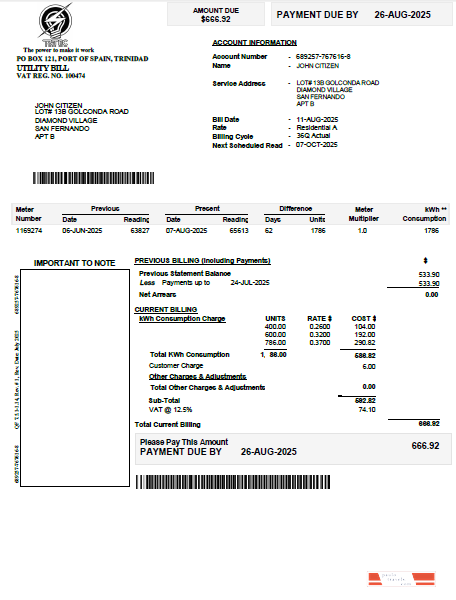 Trinidad and Tobago Electricity Commission utility bill template in Word and PDF formats